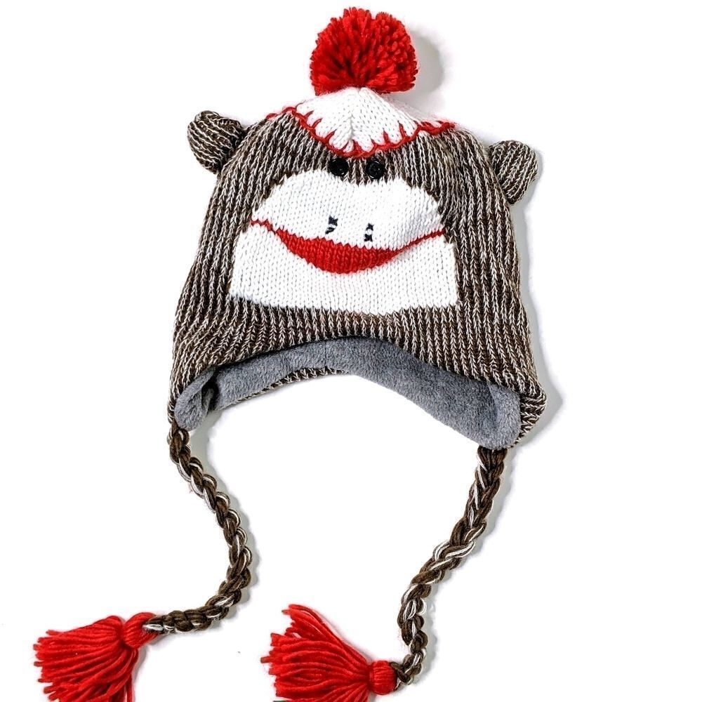 Unisex Knit Sock Monkey Hat With Earflaps And Braids 